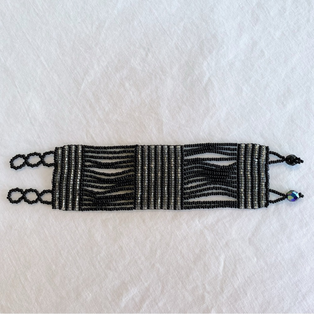 Handmade Glass Beaded Black Silver Zebra Bracelet